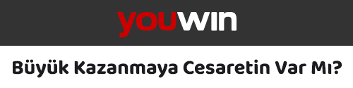 Youwin logosu ve büyük kazanmaya cesaretin var mı sloganı siyah beyaz arka plan üzerinde